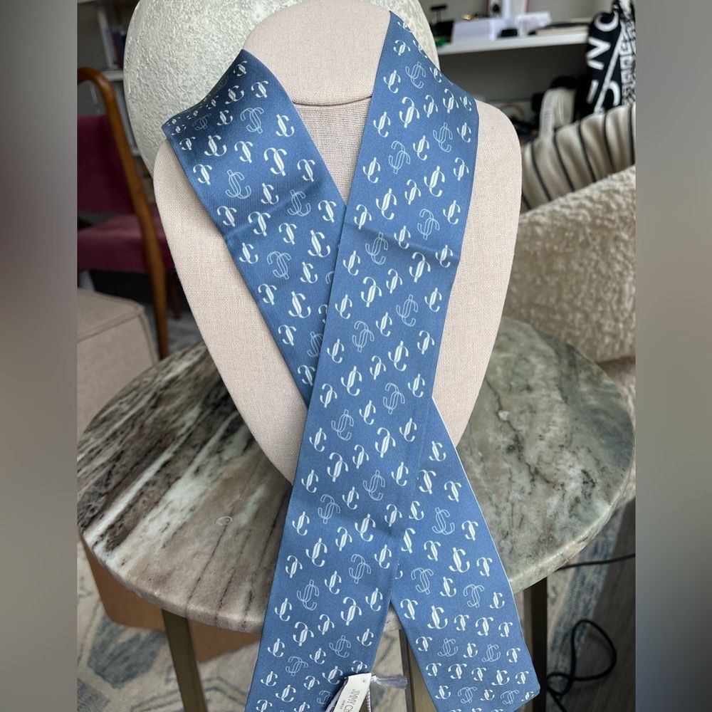 Jimmy Choo Blue & White Logo Twilly Scarf